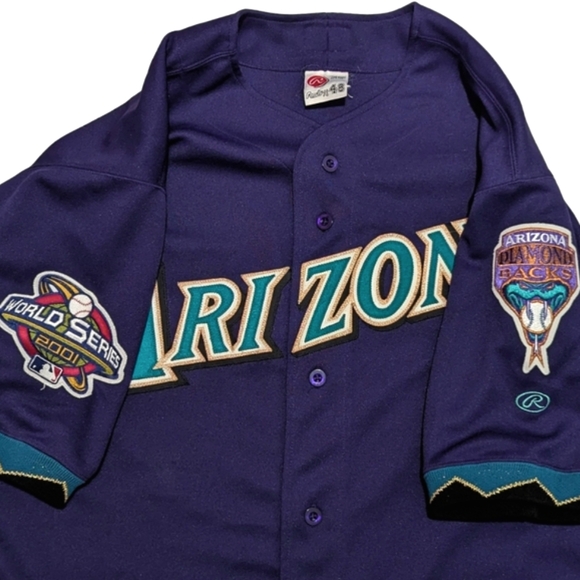 Rawlings Men's 48 B&T Arizona D-Backs 2001 MLB World Series Purple Teal Jersey - Picture 4 of 13